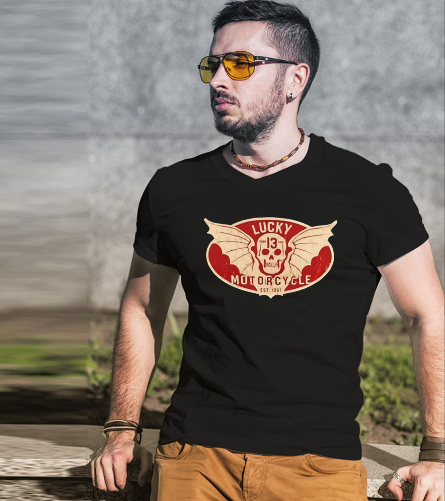 Lucky 13 Motorcycle Winged Skull Est 1991 T-Shirt
