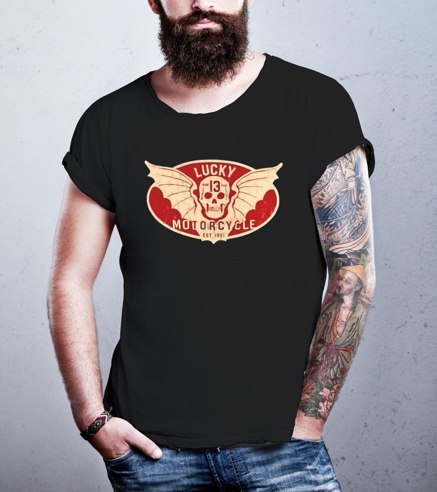 Lucky 13 Motorcycle Winged Skull Est 1991 T-Shirt