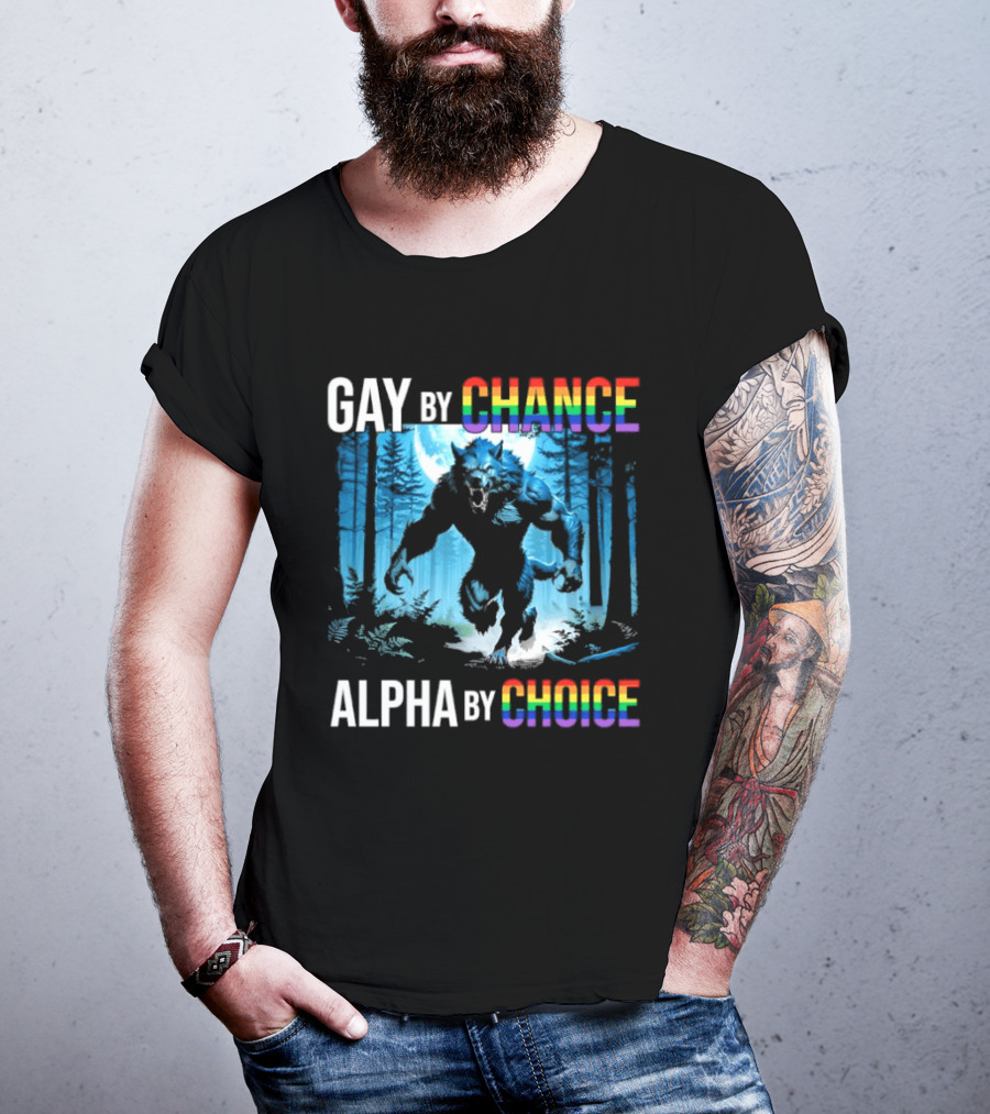 Gay By Chance Alpha By Choice Wolf LGBT Rainbow Forest Moon T-Shirt