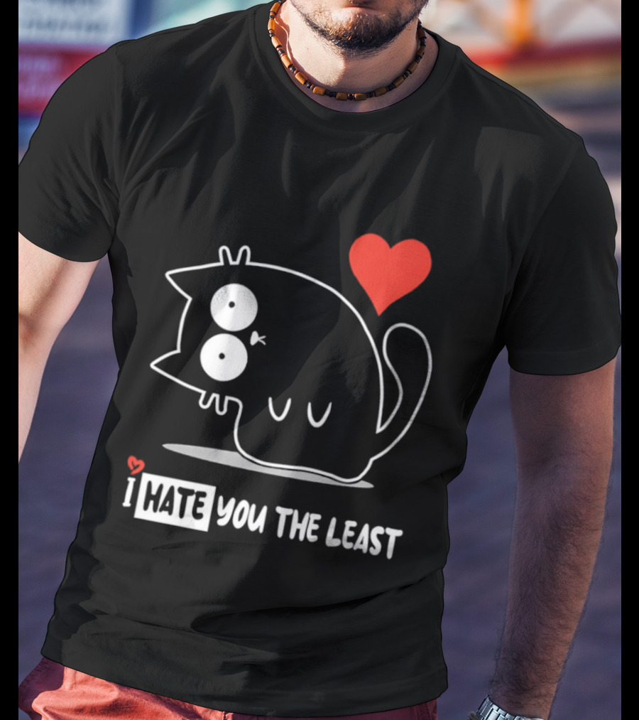 I Hate You The Least Black Cat Cartoon Red Heart Humor T-Shirt