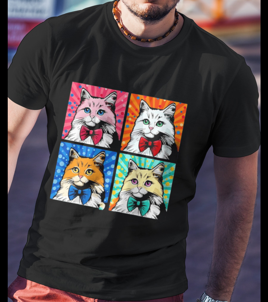 Pop Art Pop Four Panel Colorful Cats Wearing Bowties Kilkennycat T-Shirt