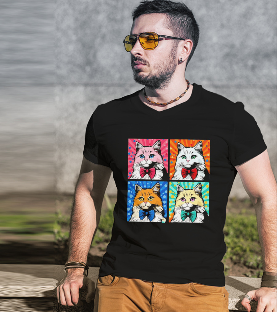 Pop Art Pop Four Panel Colorful Cats Wearing Bowties Kilkennycat T-Shirt