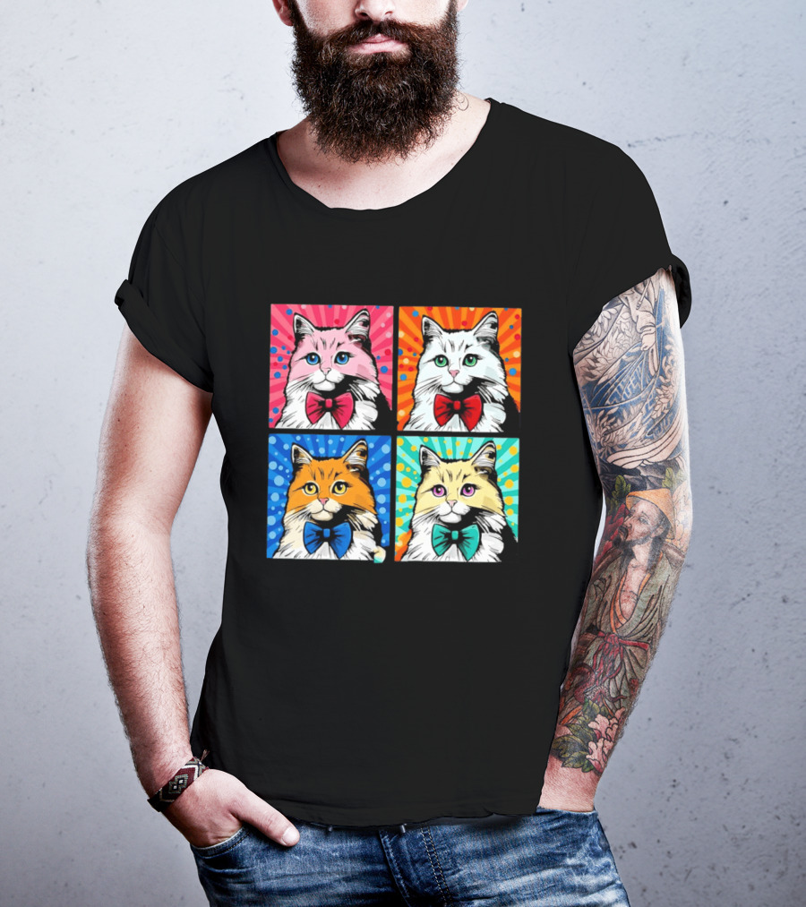 Pop Art Pop Four Panel Colorful Cats Wearing Bowties Kilkennycat T-Shirt