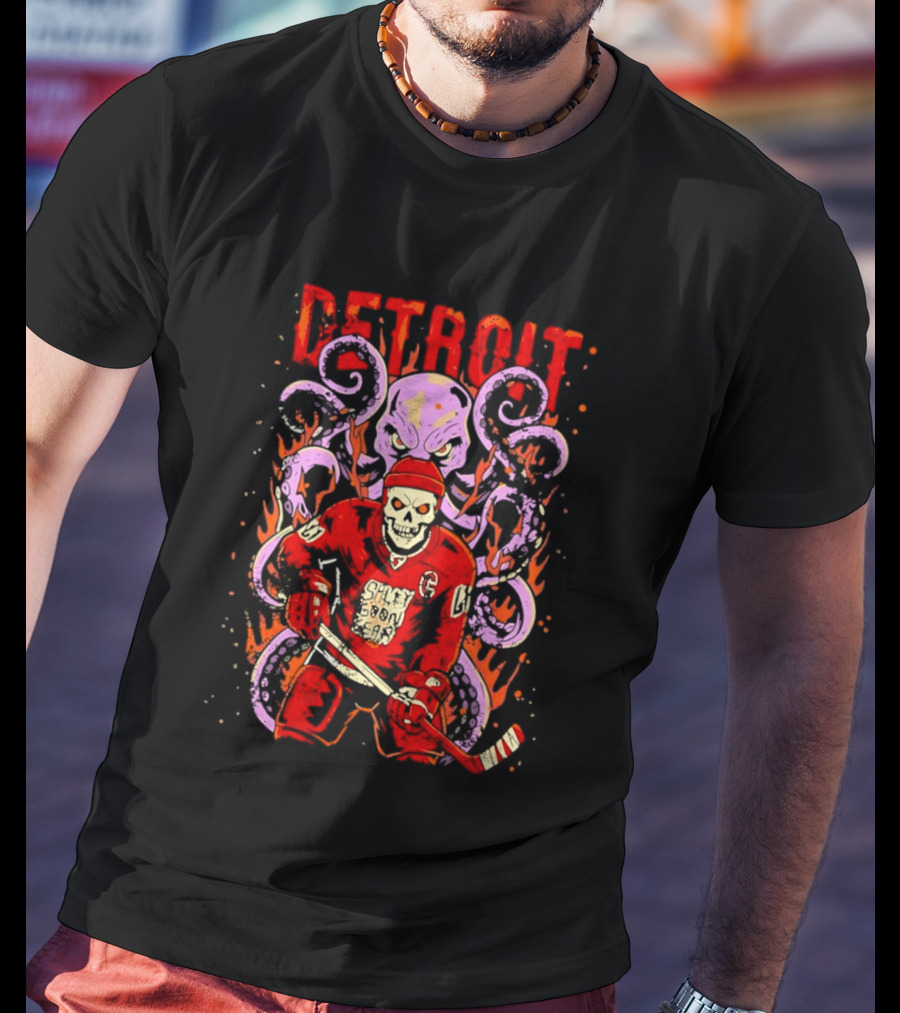 Detroit Salty Goon Skeleton Hockey Giant Octopus T-Shirt