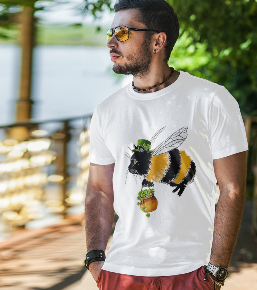 Catbee Lucky Buzz Cat With Clover And Leprechaun Hat T-Shirt