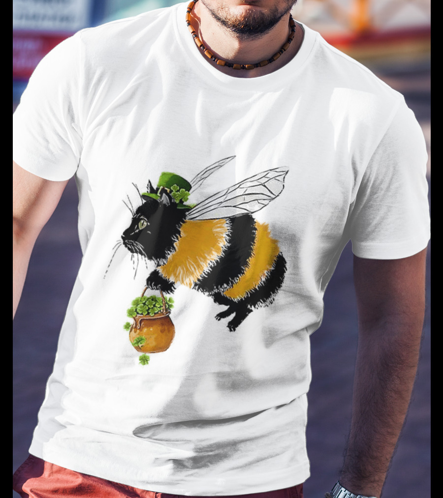Catbee Lucky Buzz Cat With Clover And Leprechaun Hat T-Shirt