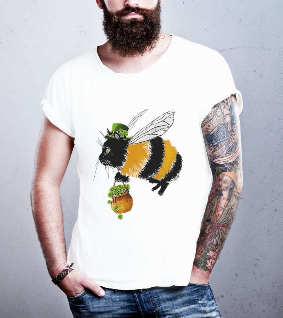 Catbee Lucky Buzz Cat With Clover And Leprechaun Hat T-Shirt