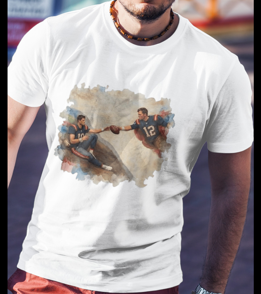 New England Football Brady Number 12 And Maye Number 10 Handing Football Painting T-Shirt