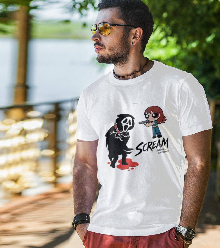 Scream Sidney Vs. Ghostface Cartoon Style Showdown With Knife And Splatter T-Shirt