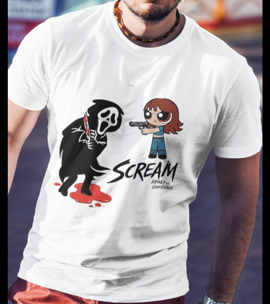 Scream Sidney Vs. Ghostface Cartoon Style Showdown With Knife And Splatter T-Shirt