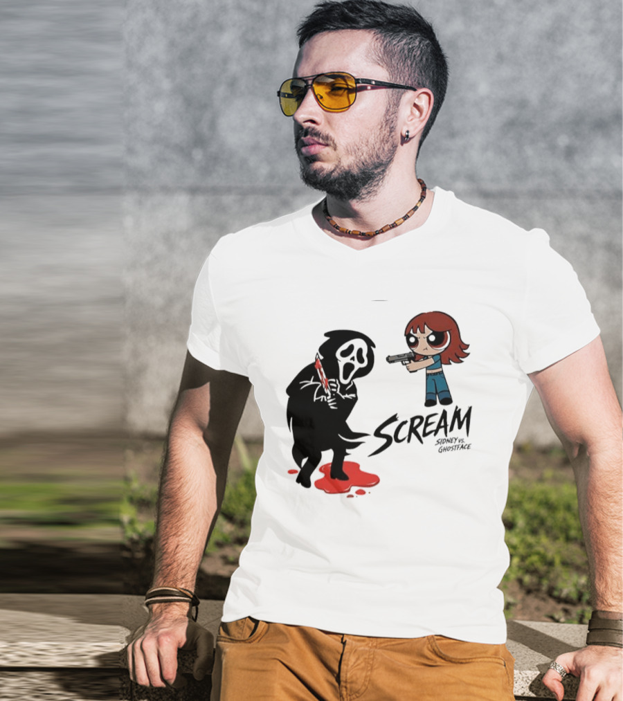 Scream Sidney Vs. Ghostface Cartoon Style Showdown With Knife And Splatter T-Shirt