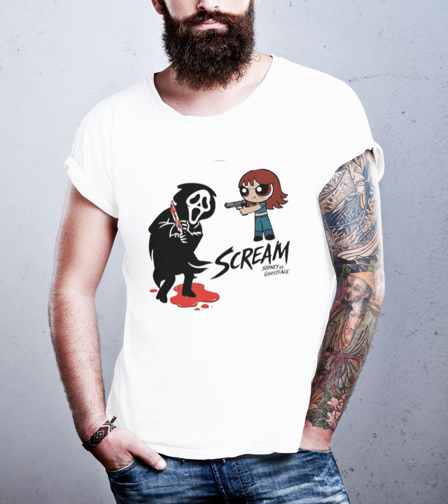 Scream Sidney Vs. Ghostface Cartoon Style Showdown With Knife And Splatter T-Shirt
