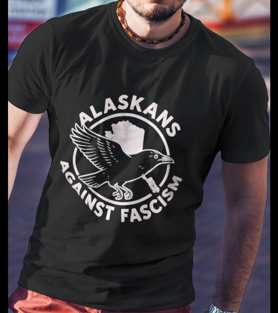 Alaskans Against Fascism Raven Activism Symbol With Alaska Map T-Shirt