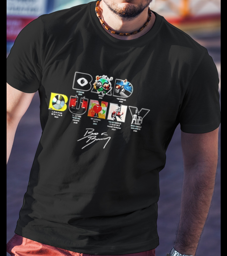 Bad Bunny World Tour 2026 Album Cover Colorful Block Letters T-Shirt