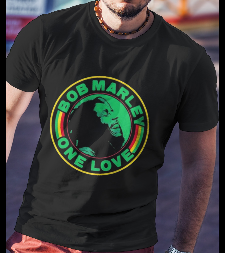 Bob Marley One Love Iconic Circle Emblem With Green And Red Highlights T-Shirt