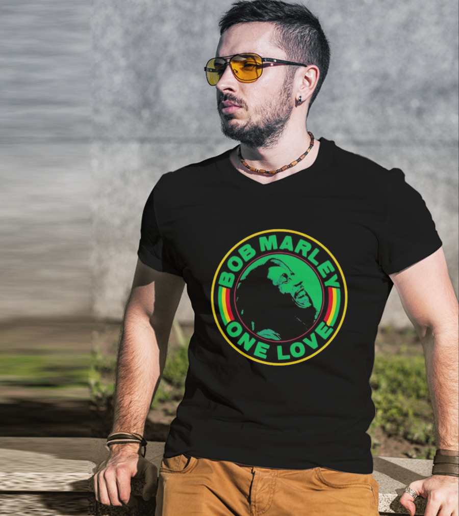 Bob Marley One Love Iconic Circle Emblem With Green And Red Highlights T-Shirt