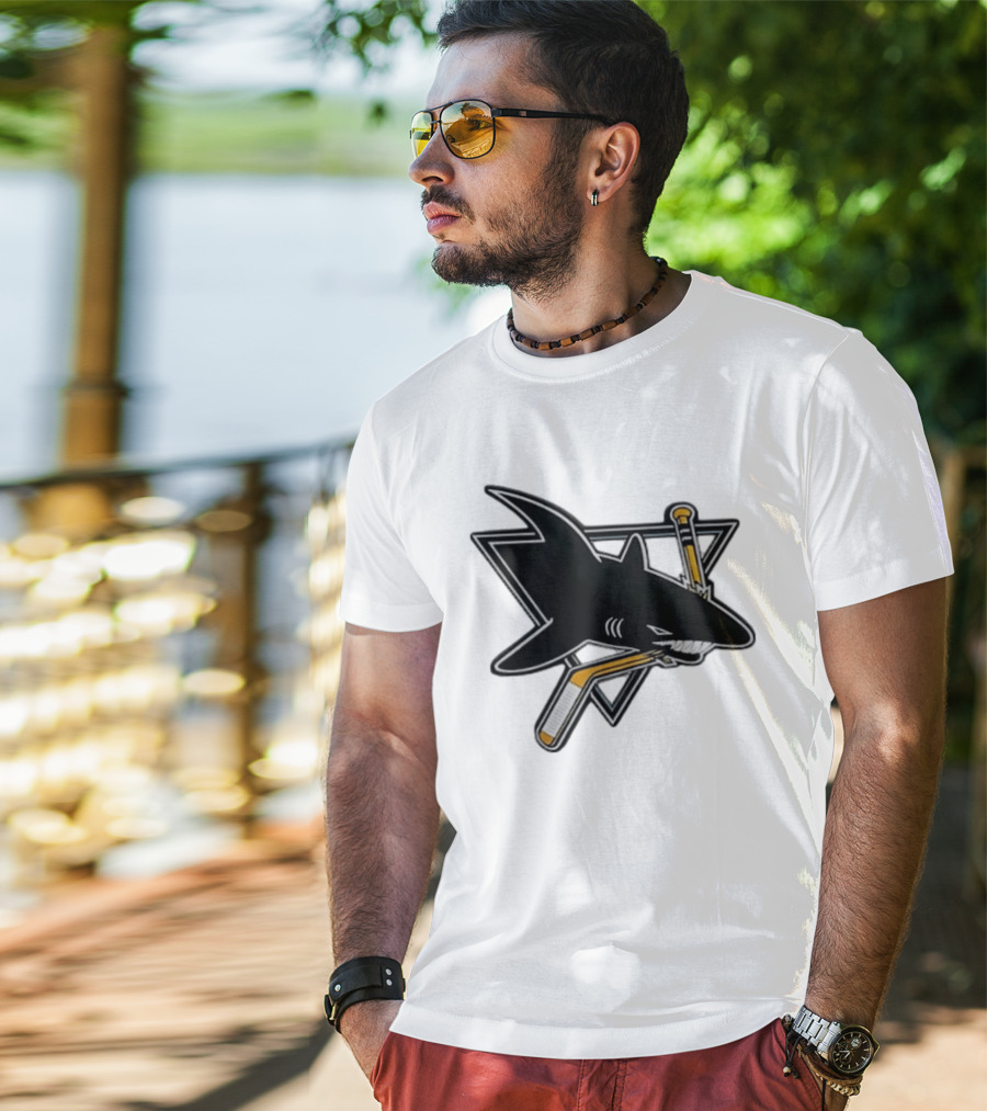 San Jose Sharks Biting Hockey Stick Triangle Sports T-Shirt