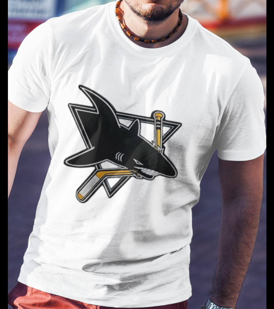 San Jose Sharks Biting Hockey Stick Triangle Sports T-Shirt