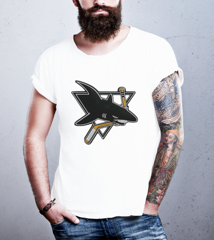 San Jose Sharks Biting Hockey Stick Triangle Sports T-Shirt