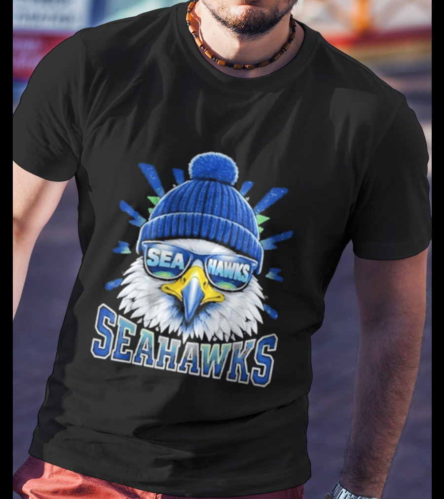 Seahawks Eagle Face With Sunglasses And Winter Hat T-Shirt