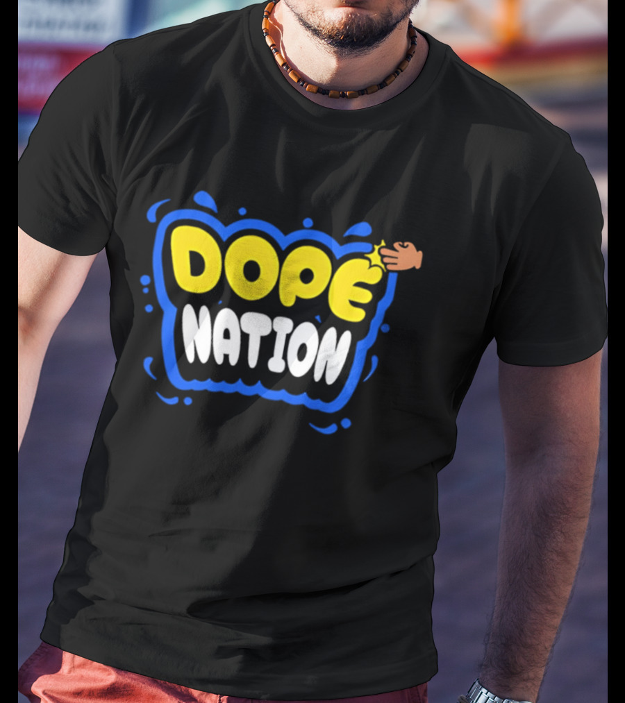 Dope Nation Bubble Letters With Yellow Hand And Blue T-Shirt