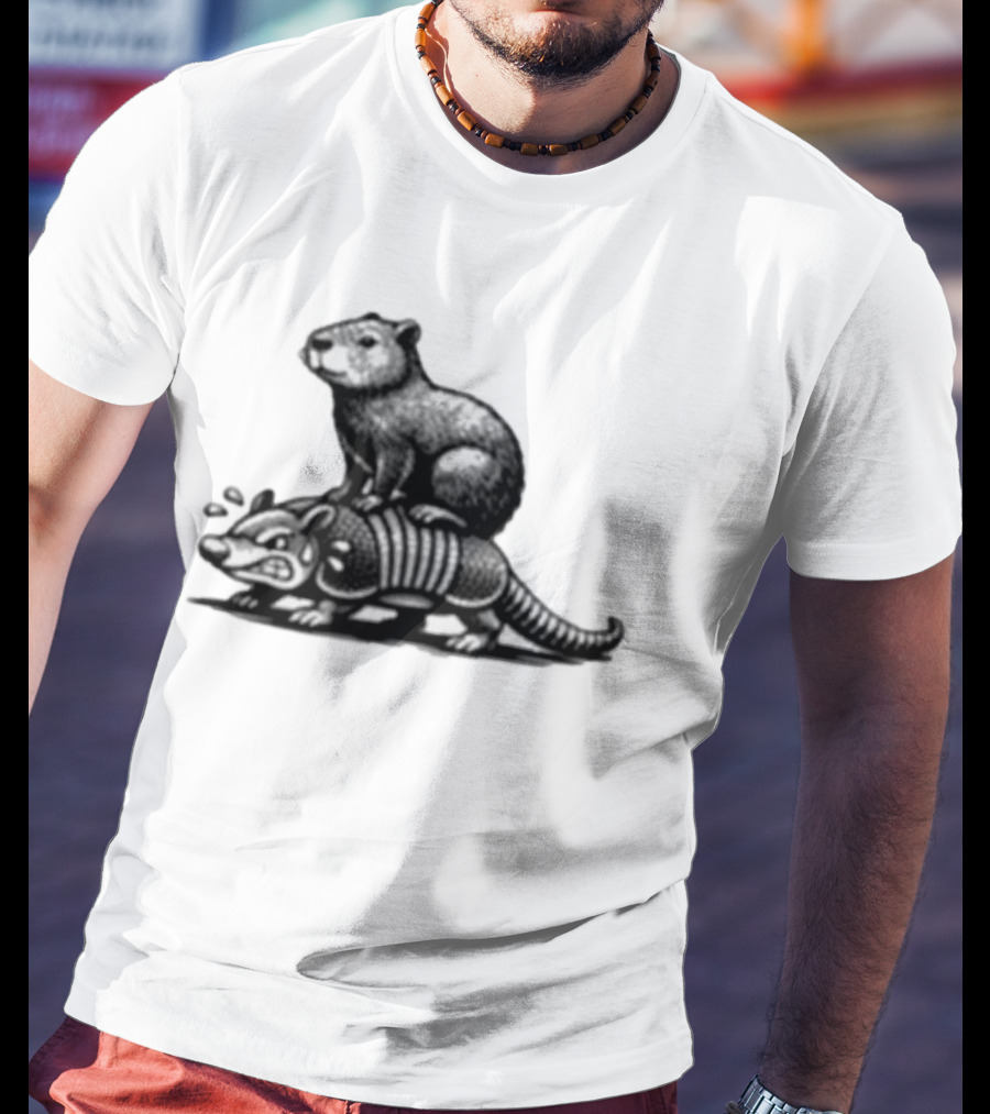 Capybara Riding Armadillo Black And White Illustration Adventure T-Shirt