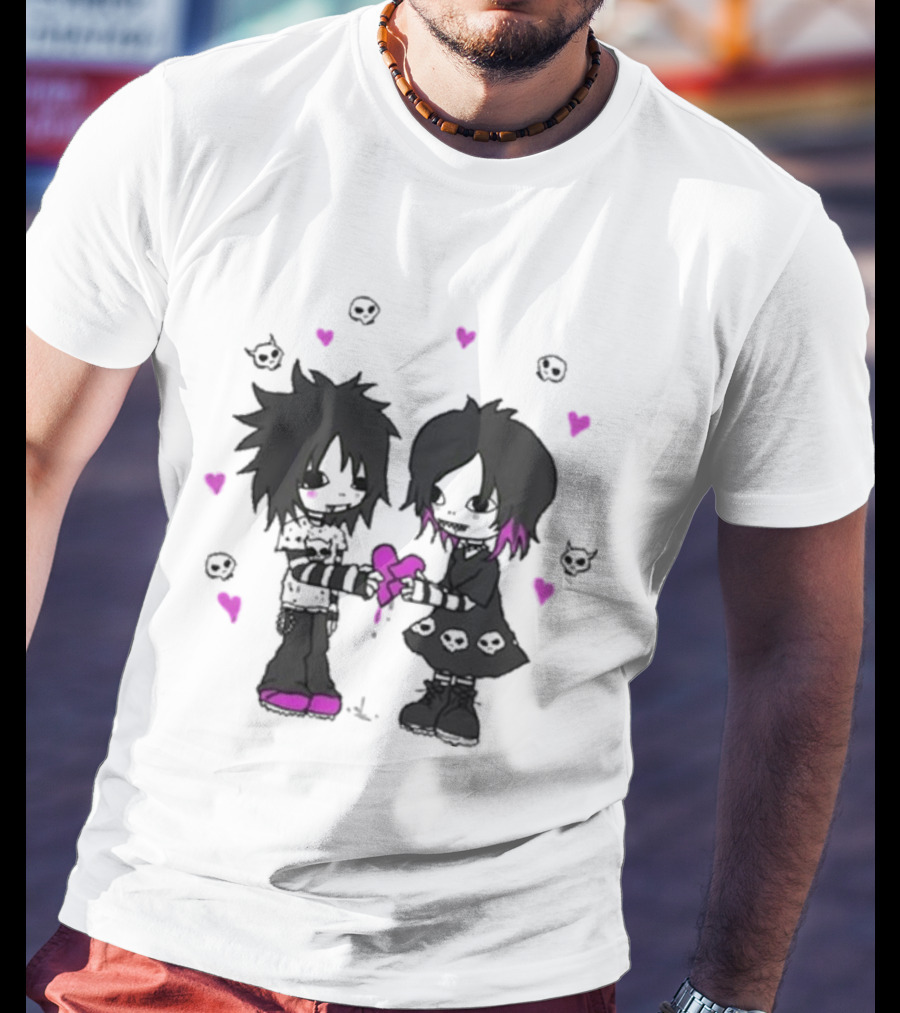 Goodie Two Sleeves Zombie Love Emo Couple Heart Skulls Pink Black T-Shirt