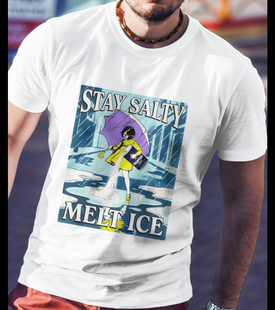 Morton Salt Stay Salty Melt ICE Umbrella Girl Retro Rain Scene T-Shirt