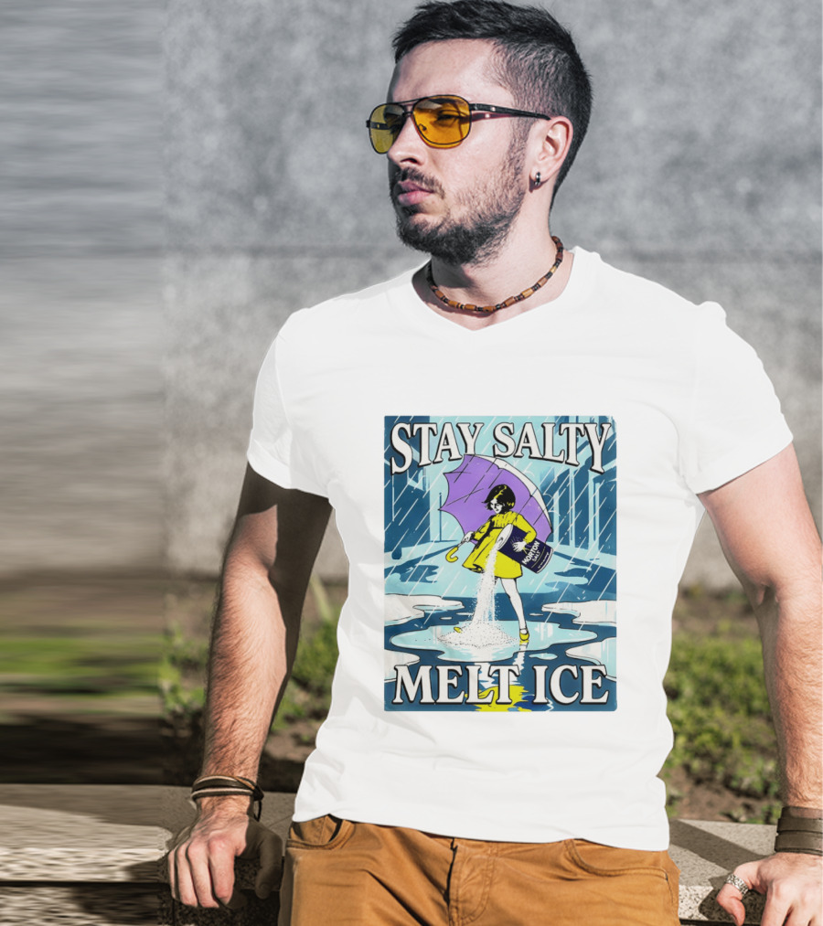 Morton Salt Stay Salty Melt ICE Umbrella Girl Retro Rain Scene T-Shirt