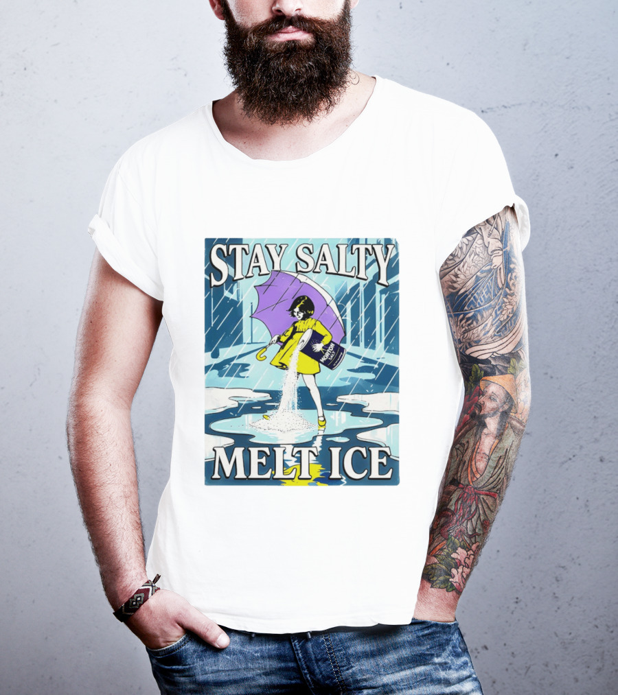 Morton Salt Stay Salty Melt ICE Umbrella Girl Retro Rain Scene T-Shirt