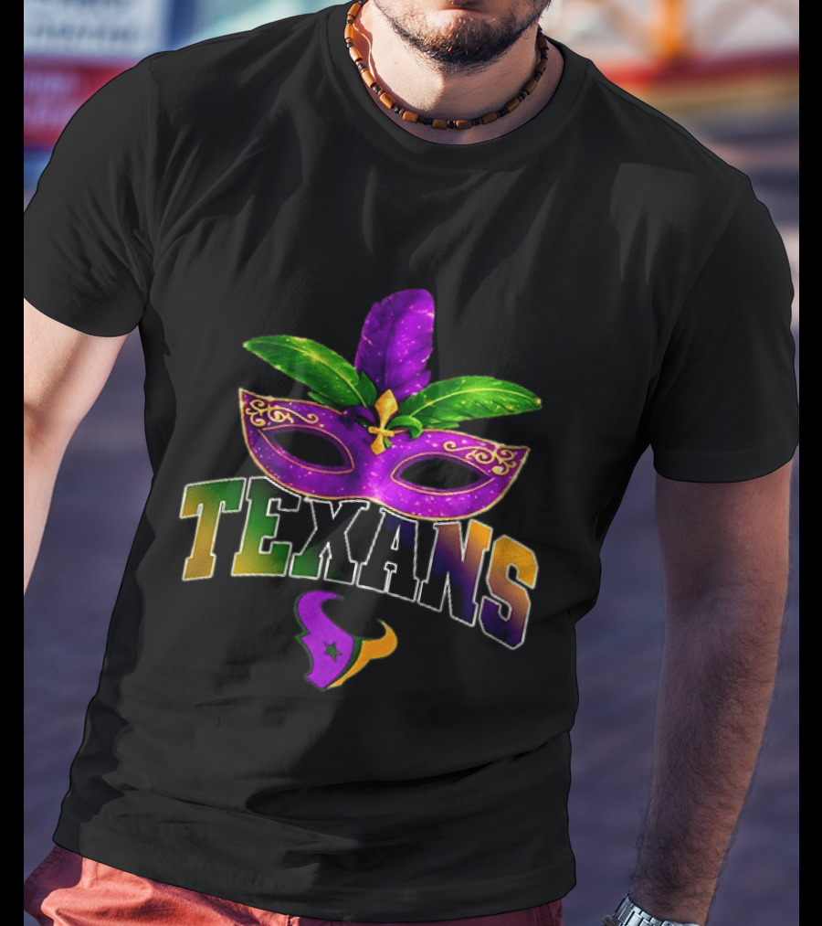 Houston Texans Mardi Gras Mask Fleur De Lis Feather T-Shirt