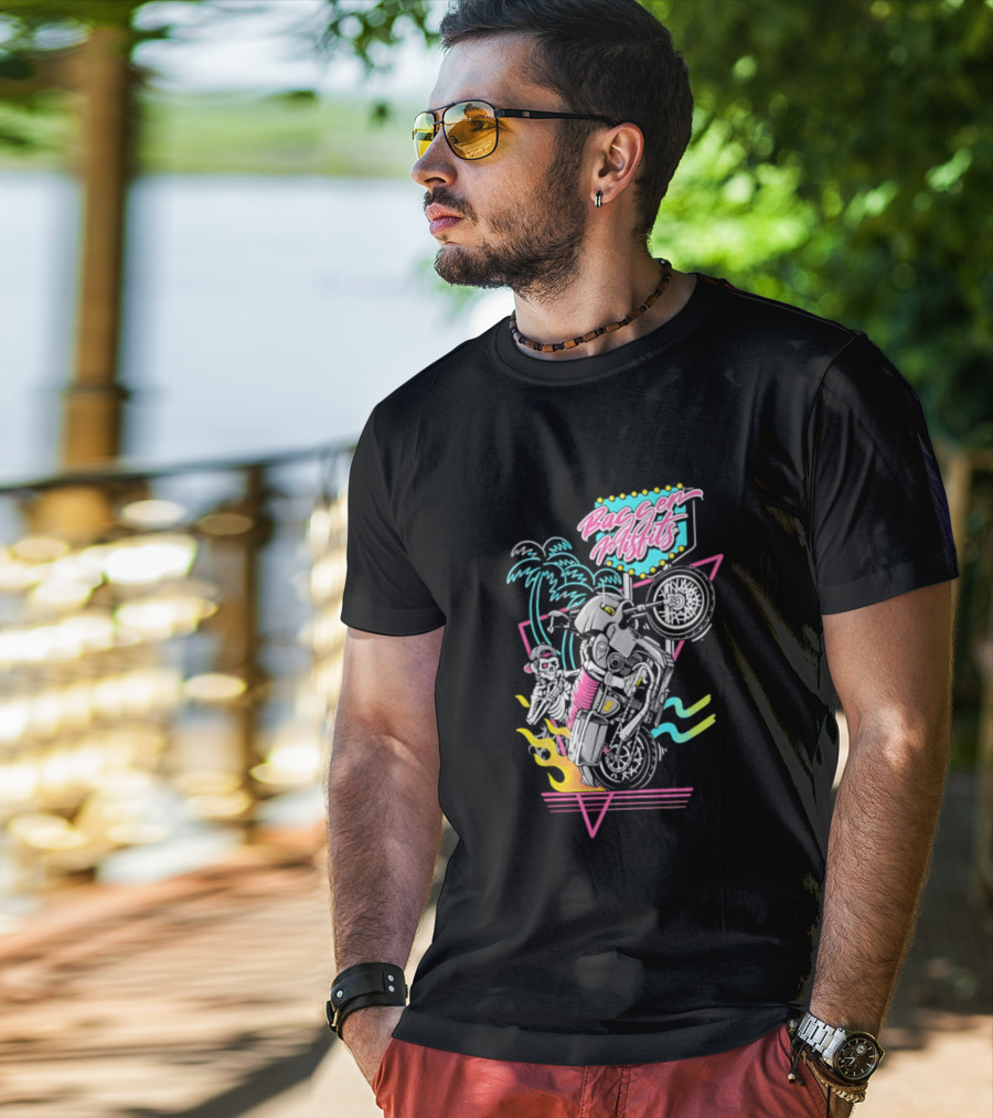 Bagger Misfits Skeleton Motorcycle Wheelie Neon 80s Palm Trees T-Shirt