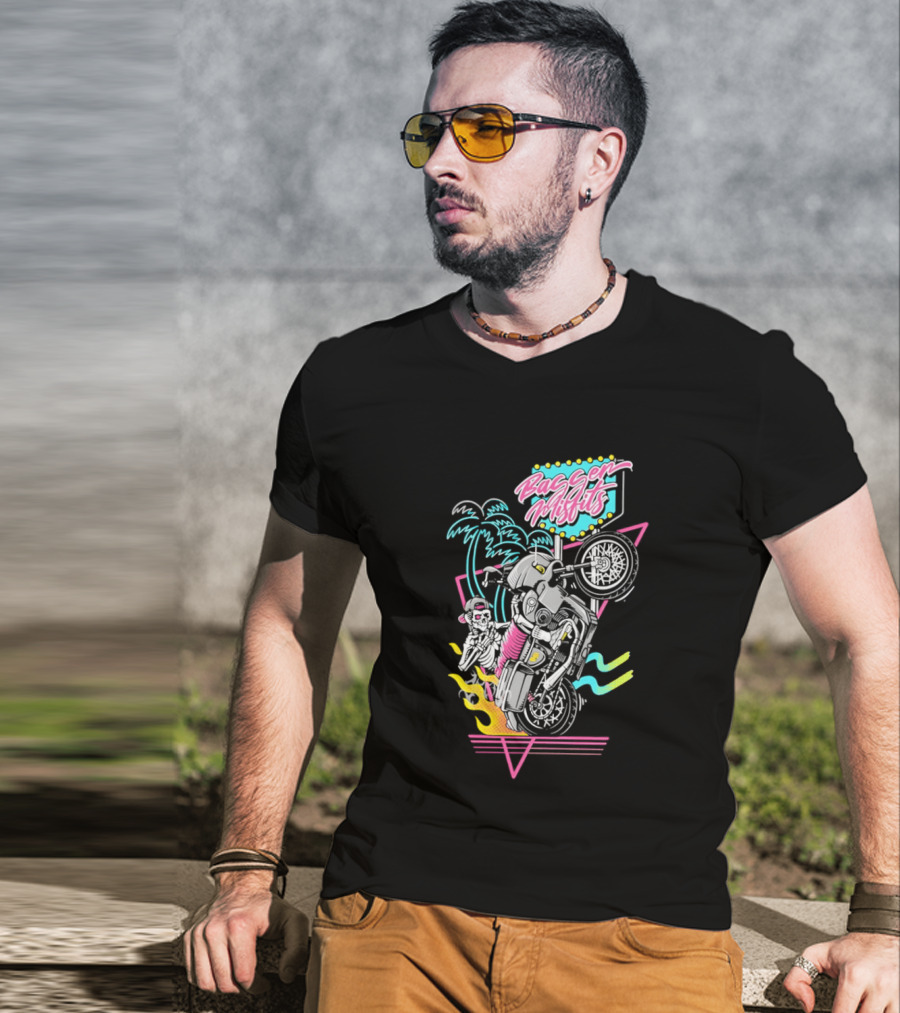 Bagger Misfits Skeleton Motorcycle Wheelie Neon 80s Palm Trees T-Shirt