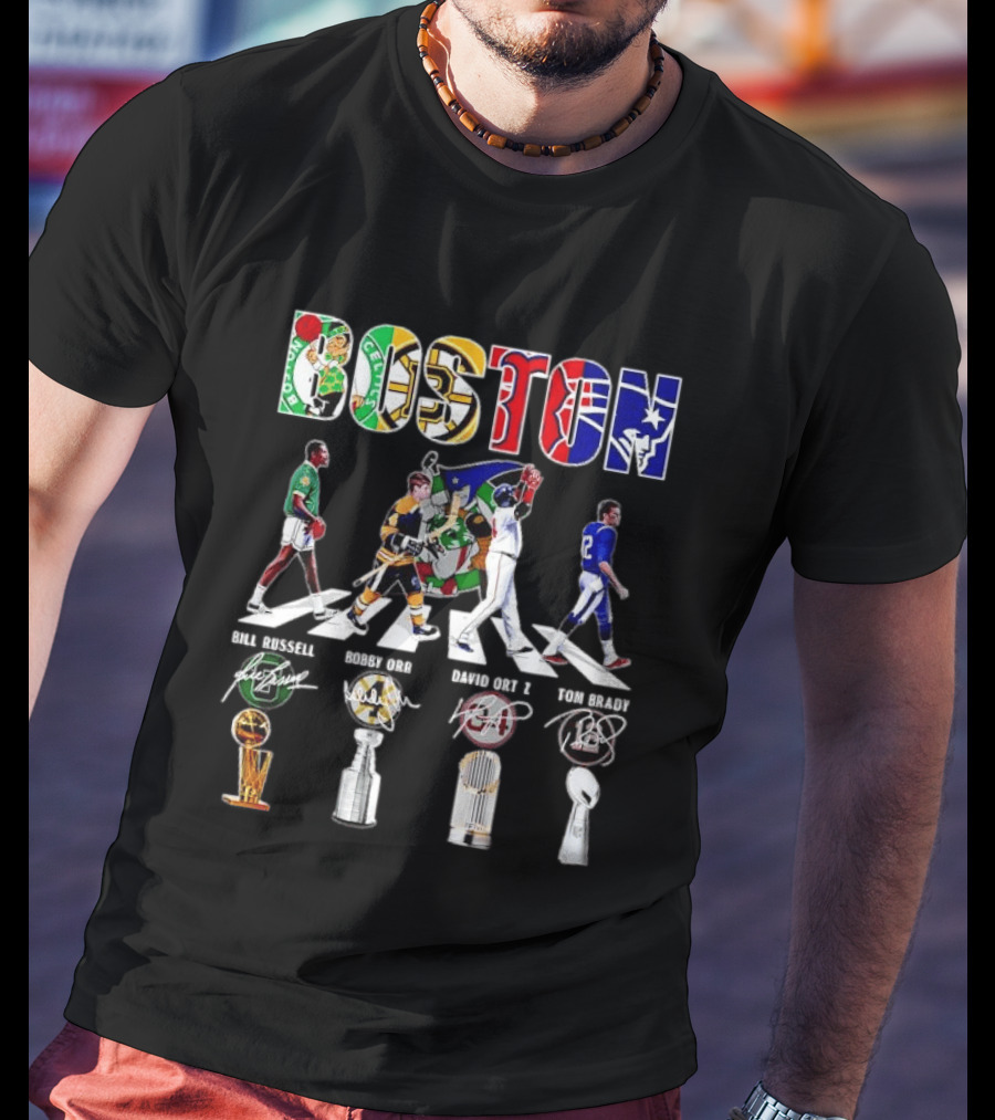 Boston Celtics Bruins Red Sox Patriots Bill Russell Bobby Orr David Ortiz Tom Brady Trophies Legends Signatures T-Shirt