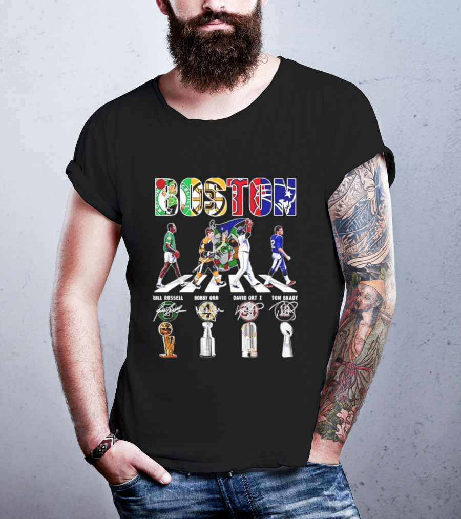 Boston Celtics Bruins Red Sox Patriots Bill Russell Bobby Orr David Ortiz Tom Brady Trophies Legends Signatures T-Shirt