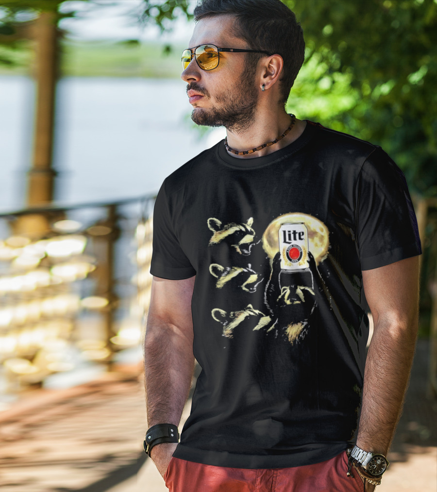 Four Raccoons Howling At Moon With Miller Lite Can T-Shirt
