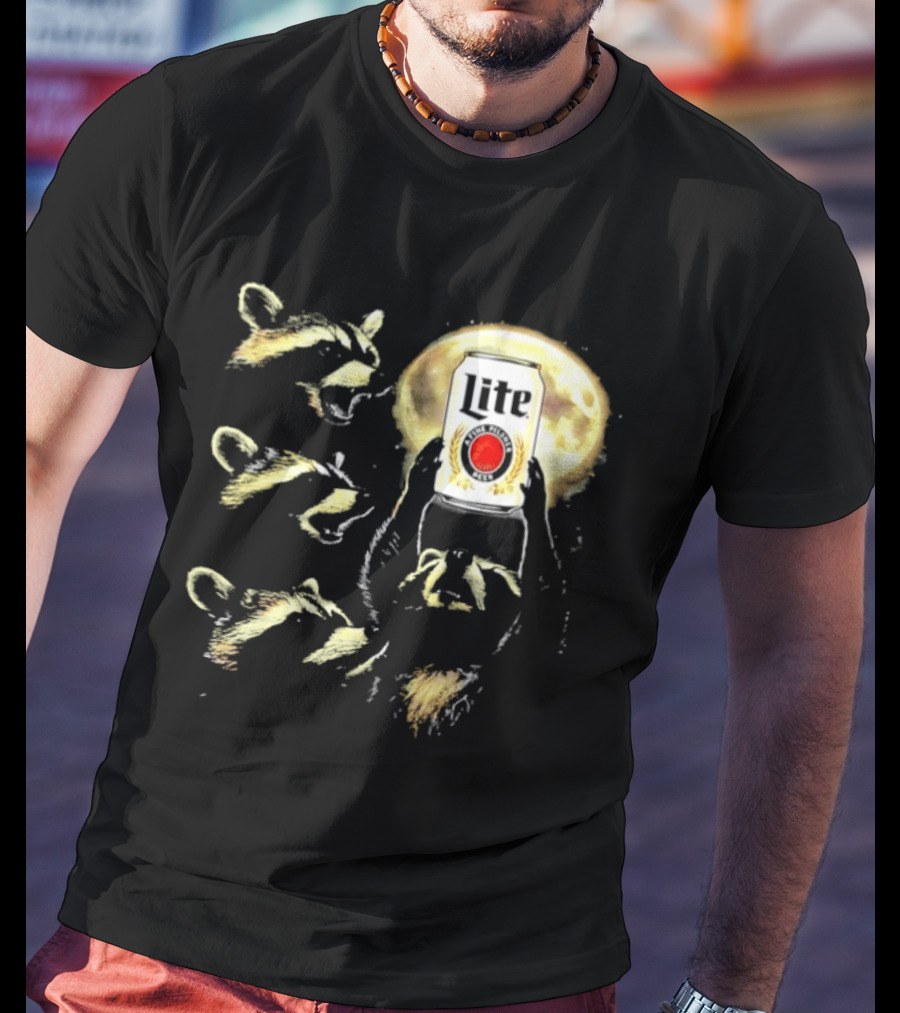 Four Raccoons Howling At Moon With Miller Lite Can T-Shirt