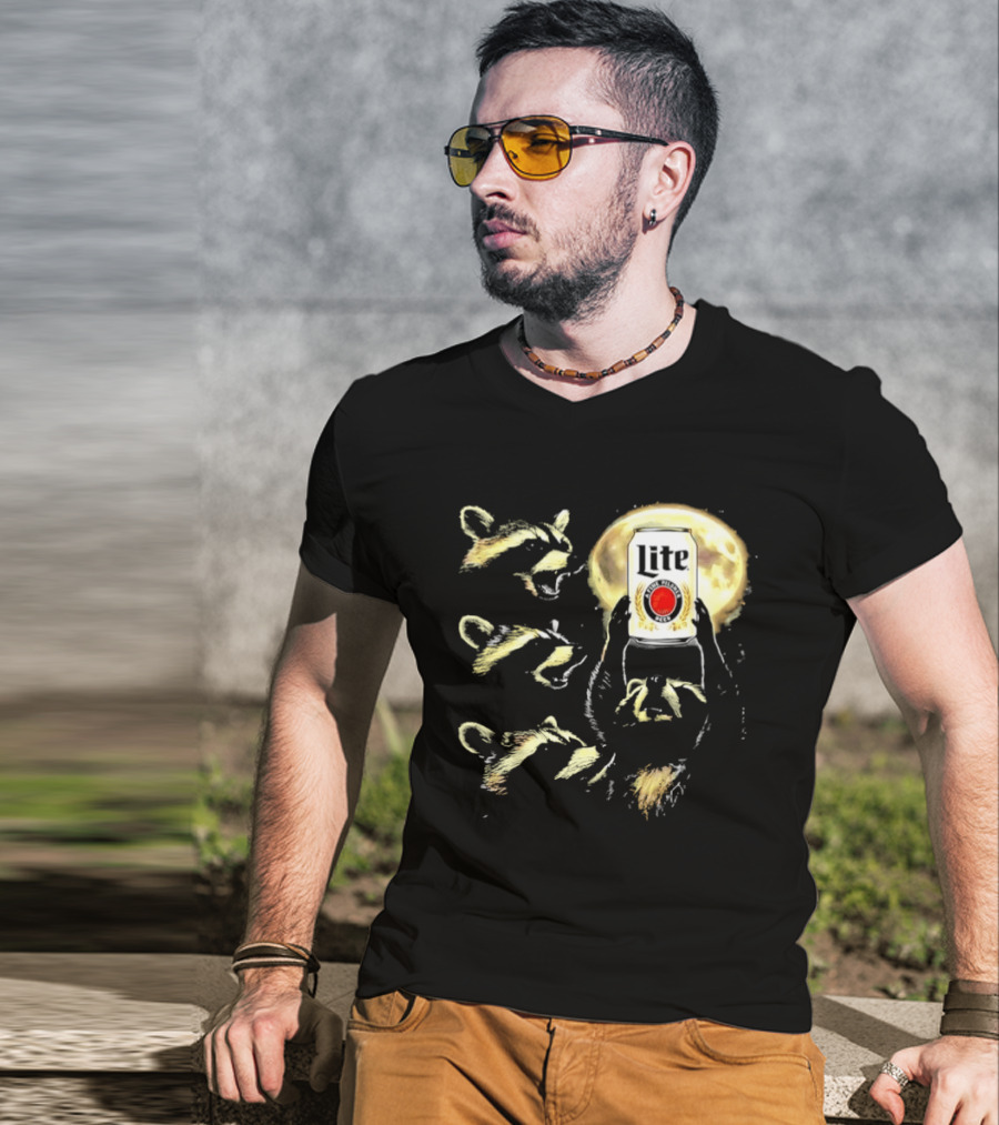 Four Raccoons Howling At Moon With Miller Lite Can T-Shirt