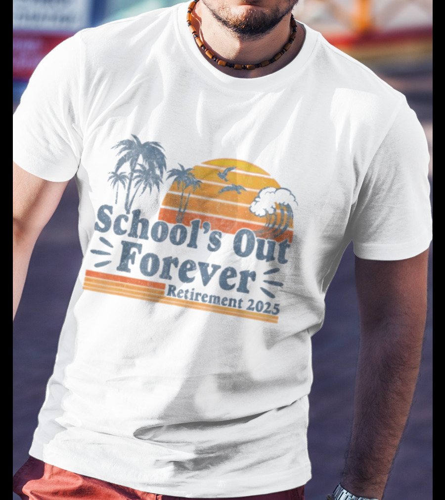 School'S Out Forever Retirement 2025 Tropical Sunset Vintage Palm Trees Birds Waves T-Shirt