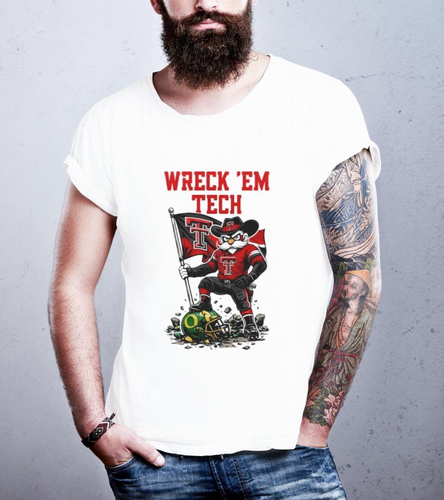 Wreck 'Em Tech Texas Tech Red Raiders Raider Red Flag And Helmet T-Shirt