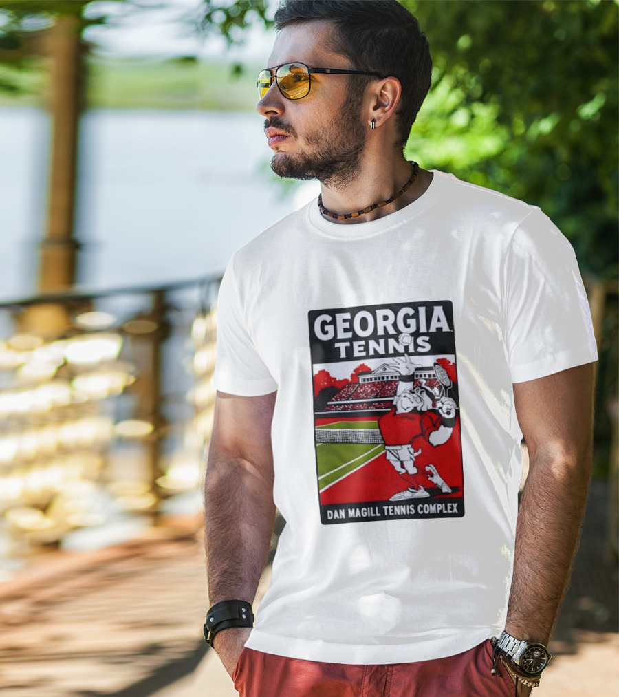 Georgia Tennis Dan Magill Tennis Complex Cartoon Character Court Scene T-Shirt