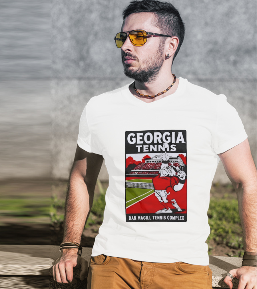 Georgia Tennis Dan Magill Tennis Complex Cartoon Character Court Scene T-Shirt