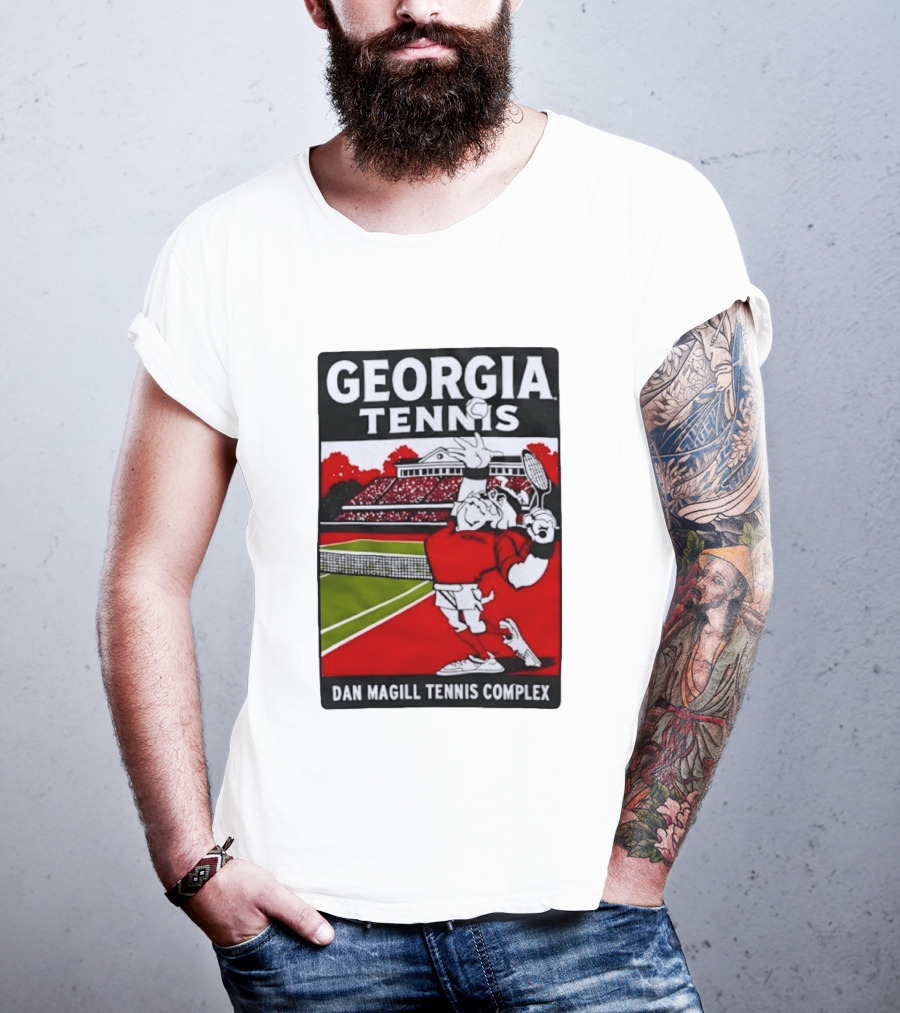 Georgia Tennis Dan Magill Tennis Complex Cartoon Character Court Scene T-Shirt