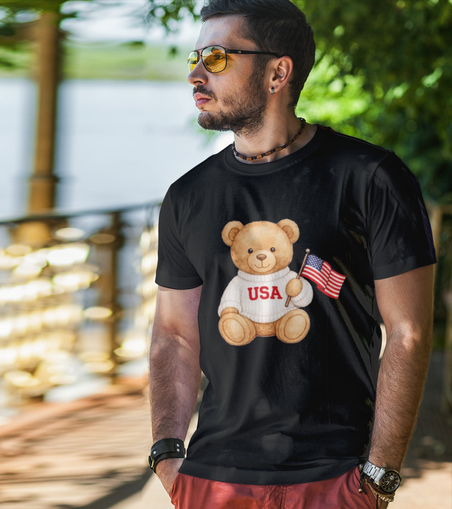 USA Teddy Bear Holding American Flag T-Shirt