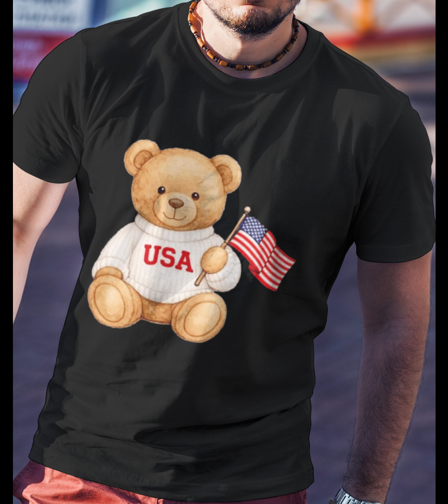 USA Teddy Bear Holding American Flag T-Shirt