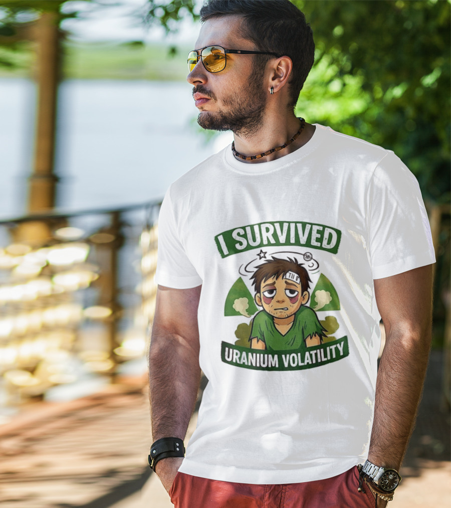 I Survived Uranium Volatility Exhausted Cartoon Character Wearing Torn Green T-Shirt