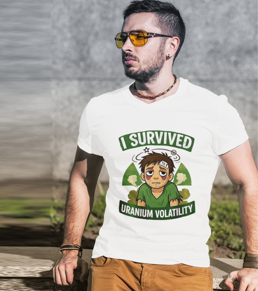 I Survived Uranium Volatility Exhausted Cartoon Character Wearing Torn Green T-Shirt