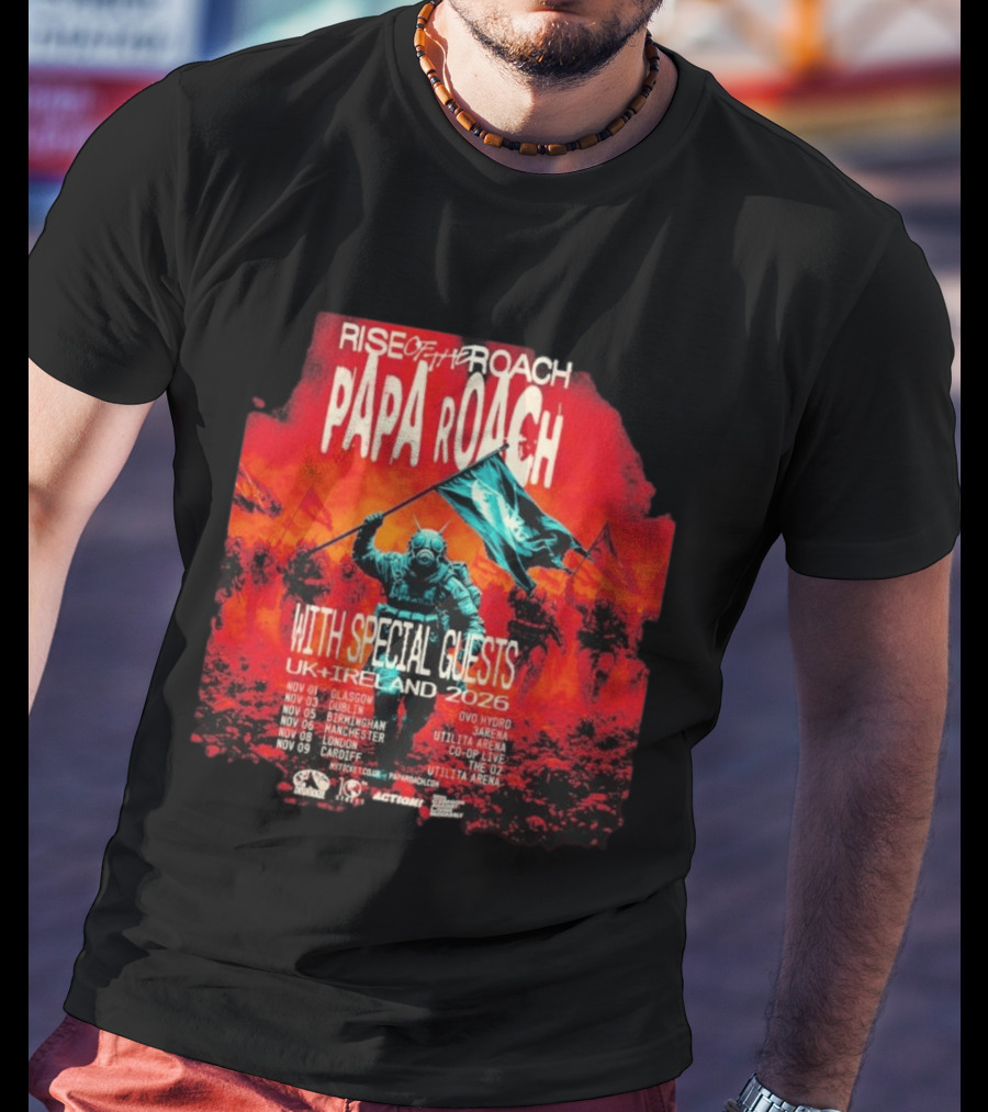 Papa Roach Rise Of The Roach With Special Guests UK Ireland Tour 2026 Dates Glasgow Dublin Birmingham Manchester London Cardiff T-Shirt