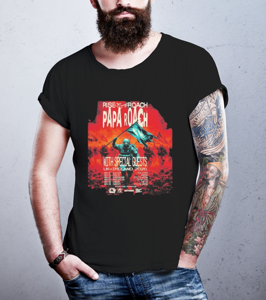 Papa Roach Rise Of The Roach With Special Guests UK Ireland Tour 2026 Dates Glasgow Dublin Birmingham Manchester London Cardiff T-Shirt