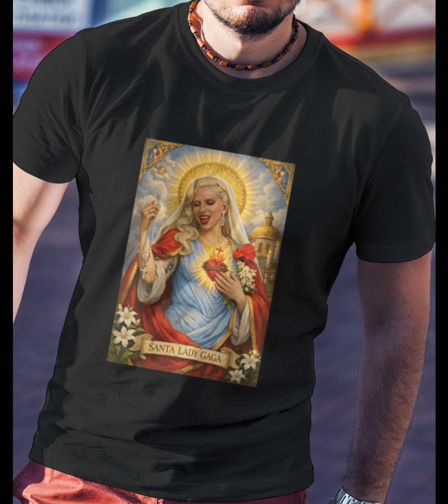 Santa Lady Gaga Sacred Heart Imagery With Rosary And Golden Halo T-Shirt